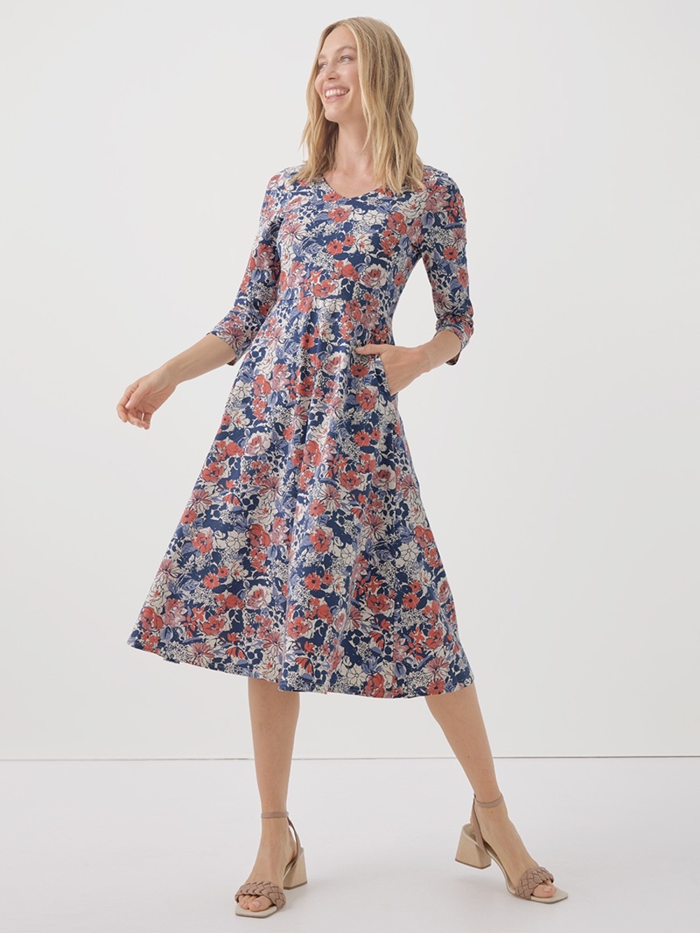 NWOT Pact Fit & Flare Floral Party Midi Dress Sz M